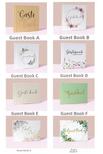 Collection of eight elegant guest books with gold foil stamping and floral designs