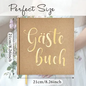 Linen wedding guest book 21x21cm with gold foil lettering on hard kraft cover