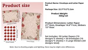 Detailed size specifications for the vintage floral letter paper and envelope set