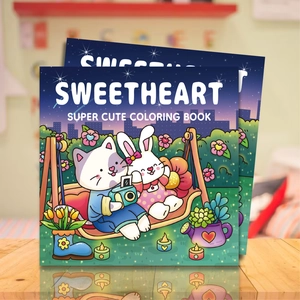 Two Sweetheart Super Cute Coloring Books with cartoon cat and rabbit on wooden table