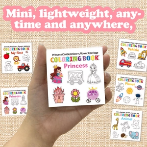 Portable mini coloring book set for kids featuring princess and animal themes