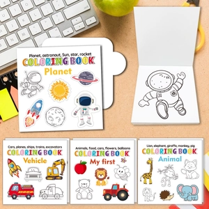 Set of four mini portable coloring books for kids featuring space and animal themes