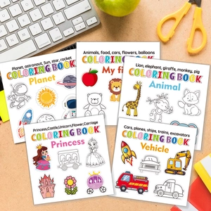 Educational coloring book set for kids featuring planet animal and princess themes