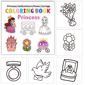Close-up of mini coloring book pages featuring princess, castle, and flower line art