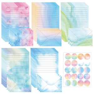 65-piece watercolor floral stationery set with envelopes and seals in five soft colors