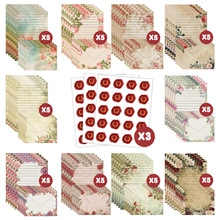 Detailed grid showing vintage floral stationery sets with envelopes and sealing stickers
