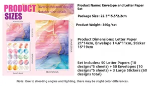 Size chart for watercolor stationery set including 50 envelopes and 50 letter papers