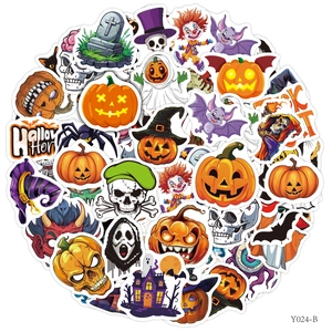 50pcs waterproof Halloween stickers featuring cartoon pumpkins, bats and ghosts for luggage