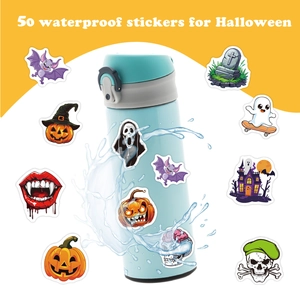 50pcs waterproof Halloween stickers with pumpkin and ghost designs on a blue water bottle