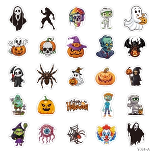 Detail of 25 unique waterproof Halloween stickers featuring pumpkins, ghosts, and skulls