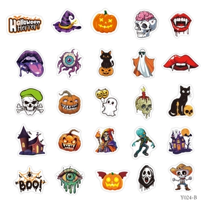 Detailed grid of 25 waterproof Halloween stickers with pumpkins, ghosts and skulls
