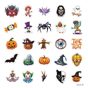Flat lay detail of 25 unique Halloween stickers featuring pumpkins, bats and ghosts