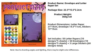 Halloween stationery set size guide showing dimensions for envelopes and paper sheets