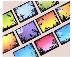 Halloween silhouette cards with witches, pumpkins, and ghosts on colorful gradient backgrounds