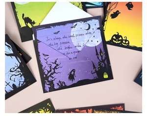 Colorful Halloween stationery set with spooky watercolor pumpkin, bat, and castle motifs
