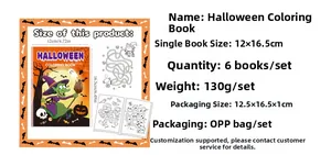 Detailed view of Halloween coloring books with 12x16.5cm dimensions and packaging specs