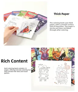 Detail of Halloween coloring books featuring 12 pages of thick paper and puzzle games