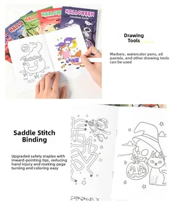 Detail of Halloween coloring book showing interior pages and secure saddle stitching