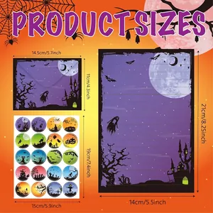 Halloween stationery set size chart showing dimensions of envelopes, paper, and stickers