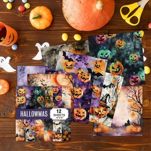 Halloween 6x6 scrapbook paper featuring pumpkin, bat and spooky castle designs for DIY craft