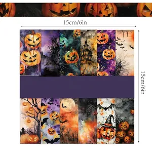 12 sheets of Halloween decorative scrapbooking paper with pumpkin and bat watercolor patterns