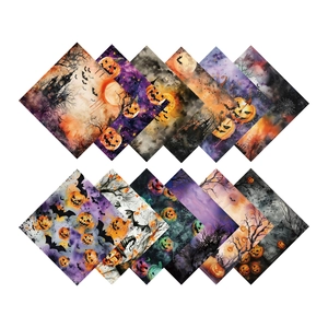 12 sheets of Halloween decorative scrapbook paper with pumpkin and bat watercolor designs