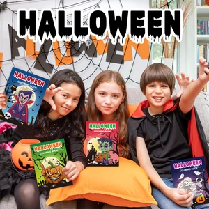 Halloween coloring books for kids featuring pumpkin and vampire cartoon designs
