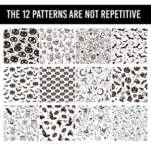 Halloween decorative paper set with 12 unique black and white spooky patterns in a grid