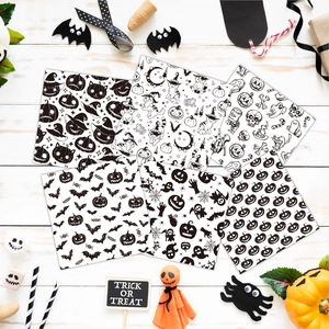 Halloween decorative paper set with black and white pumpkin, ghost, and bat patterns