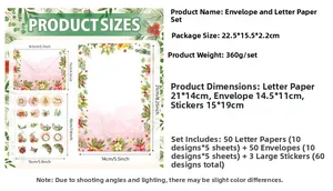 Size guide for floral stationery set including envelopes, paper sheets, and stickers