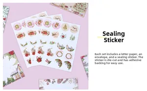 Macro view of self-adhesive Christmas seal stickers featuring festive wreaths and reindeer