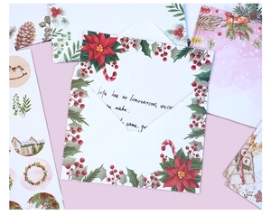 Close-up of Christmas stationery set with watercolor poinsettia and berry motifs