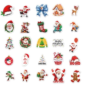 Flat lay layout of 25 colorful cartoon Christmas stickers with Santa and reindeer designs