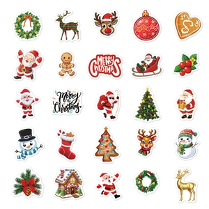 Flat lay of 25 unique cartoon Christmas stickers featuring Santa and reindeer on white background