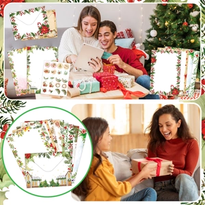 Vintage Christmas stationery set with floral borders, envelopes and seal stickers