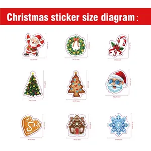 Size diagram for 100pcs waterproof cartoon Christmas stickers with various festive designs