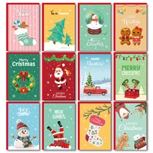 Detailed view of twelve distinct Christmas card designs with festive holiday patterns