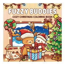 Detailed cover of Christmas coloring book for kids featuring fuzzy reindeer and cozy bear