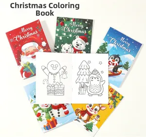 Detail view of festive Christmas coloring book set for kids with cartoon Santa and reindeer