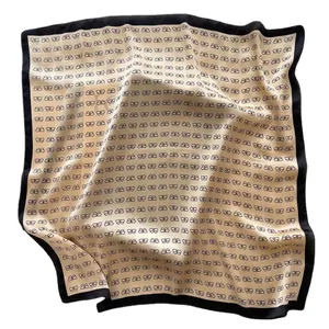 Elegant 70cm champagne satin square scarf with black butterfly print and contrast border