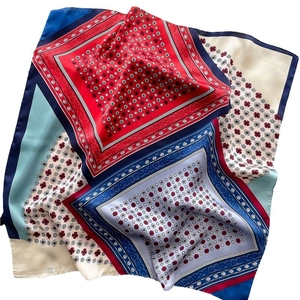 70cm Paisley and Polka Dot Square Silk Scarf with vintage red and blue patchwork design