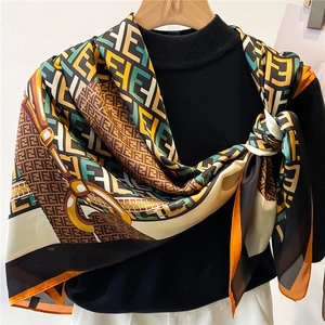 Detail of square silk scarf with yellow and blue architecture patterns and FF logo print