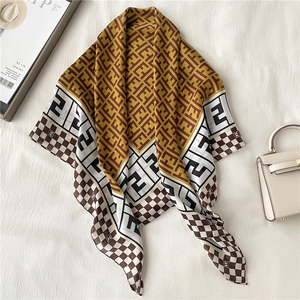 Luxury silk square scarf with vintage letter patterns and checkerboard borders