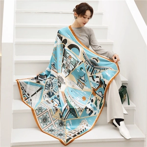 Detail shot of a large silk scarf with Chinese architectural prints and blue geometric patterns
