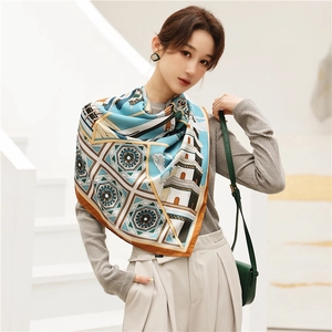 Detail of silk-like square scarf featuring retro Chinese architecture and geometric patterns