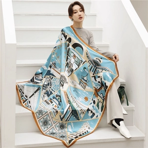 Detail of silk scarf showing Chinese architecture print and smooth satin texture drape