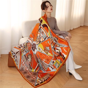 Silk scarf featuring orange Chinese architectural prints and Great Wall landscape patterns