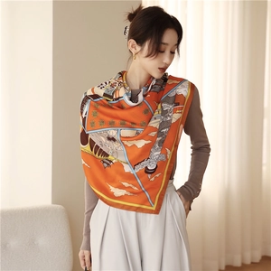 Detail of silk scarf showing orange color with retro hand-painted cloud patterns