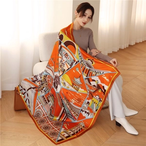 Detailed view of large silk scarf featuring traditional Chinese architecture and orange patterns