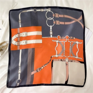 Satin Square Scarf Equestrian Chain Print Color Block Neck Head Hair Tie Elegant Fashion Accessory Women